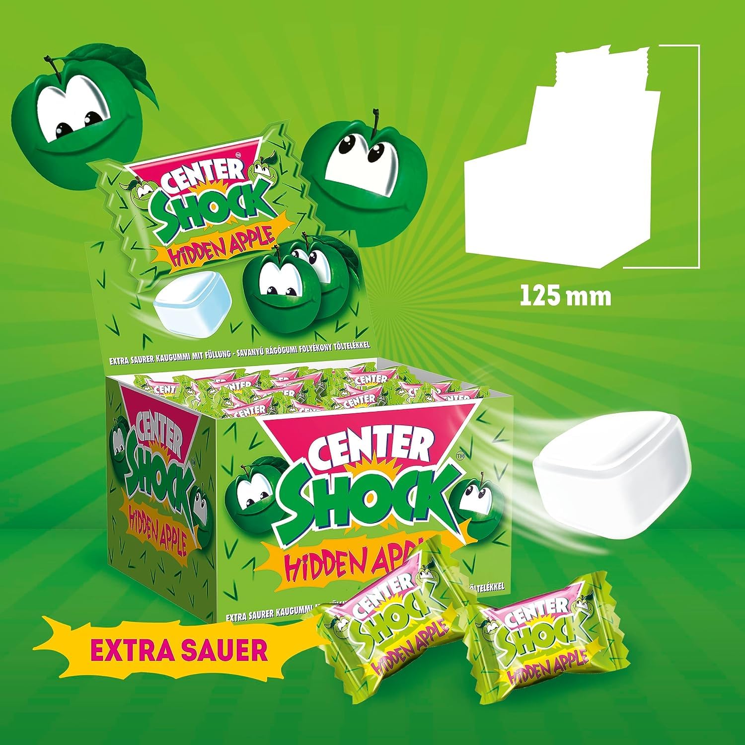 Center Shock Hidden Apple, Box mit 100 Kaugummis, extra-sauer mit Apfel-Geschmack, geeignet für Geburtstag, Pinata, Partys, Candy-Bar, Weihnachten und Halloween, 400g 4