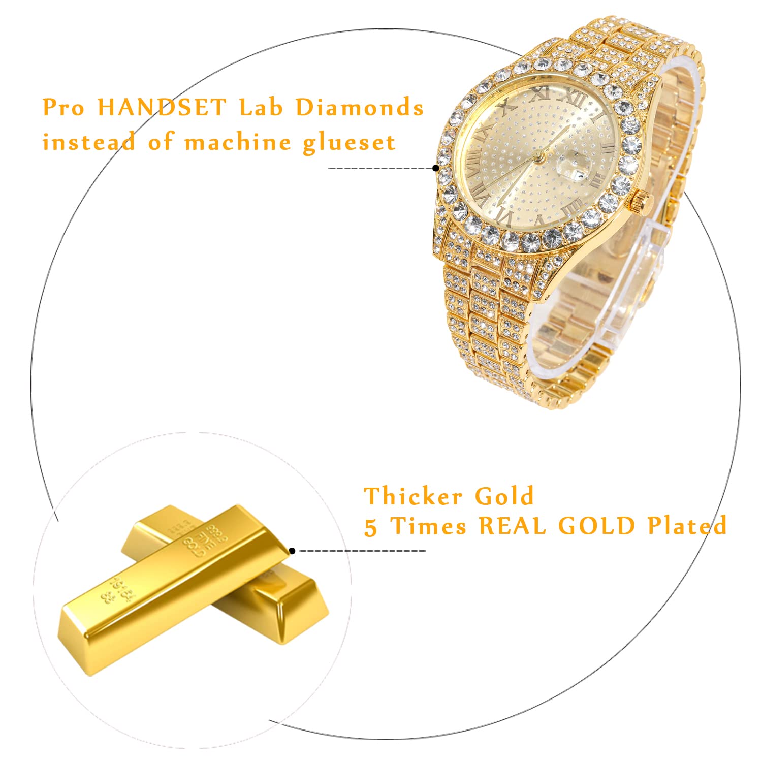 Halukakah Men's Diamond Gold Watch, 18 K Real Gold-Plated/Platinum White, 42 mm Round Design, Bracelet with Hand-set Laboratory Diamonds (24 cm), Cuban Link Chain (20 + 45 cm Necklace Bracelet) with