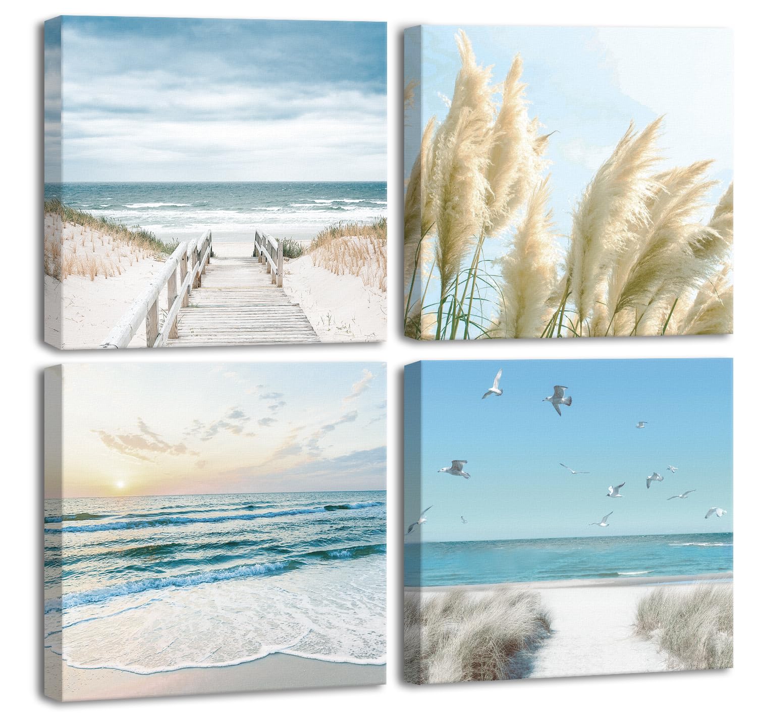 CHDITB 4pcs（40 * 40CM） Sea Beach Wall Art Prints,Sea Waves Canvas Prints,Coast Reed Pictures Paintings,Beach Sunrise Canvas Poster,Modern Seascape Poster Set for Living Room Bedroom Home Decorations