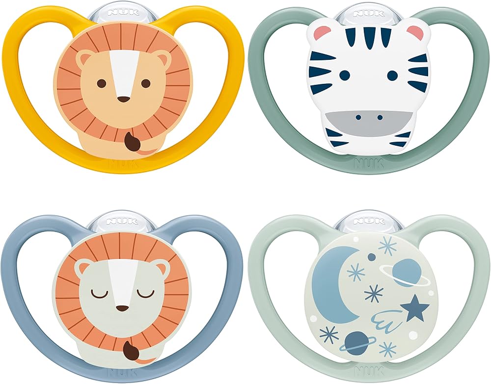 NUK Space Day & Night Baby Dummy 6-18m Glow Ventilation 4 Pack Zebra Lion