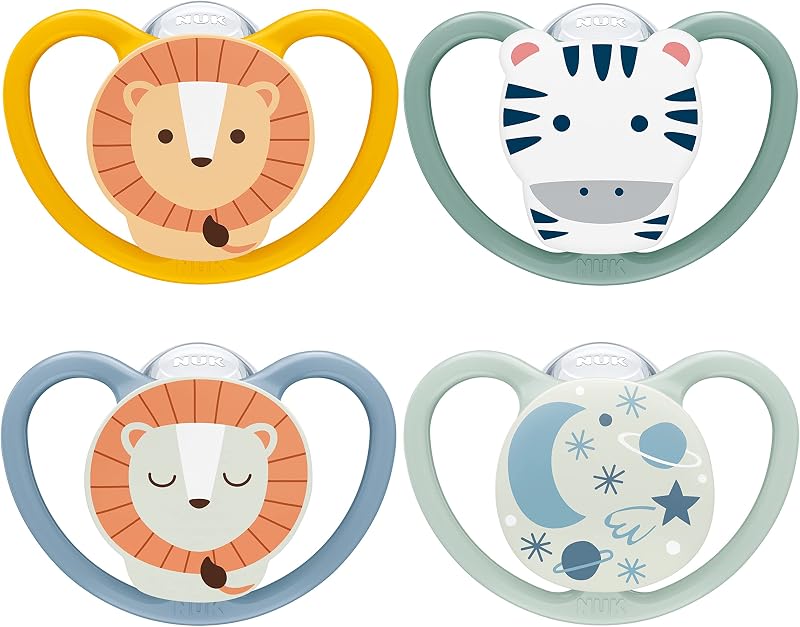 NUK Space Day & Night Baby Dummy 6-18m Glow Ventilation 4 Pack Zebra Lion