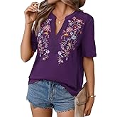 Mexican Shirts for Women Embroidered Tops Traditional Summer Blouse Floral Tunic V Neck Short Sleeve T Shirt