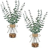 unlemoni 2 Pack Artificial Eucalyptus Stems in Glass Vase with Faux Water Stone, 14" Fake Eucalyptus Leaves Faux Greenery Branches Plants for Kitchen Home Table Centerpiece Decor (Green)