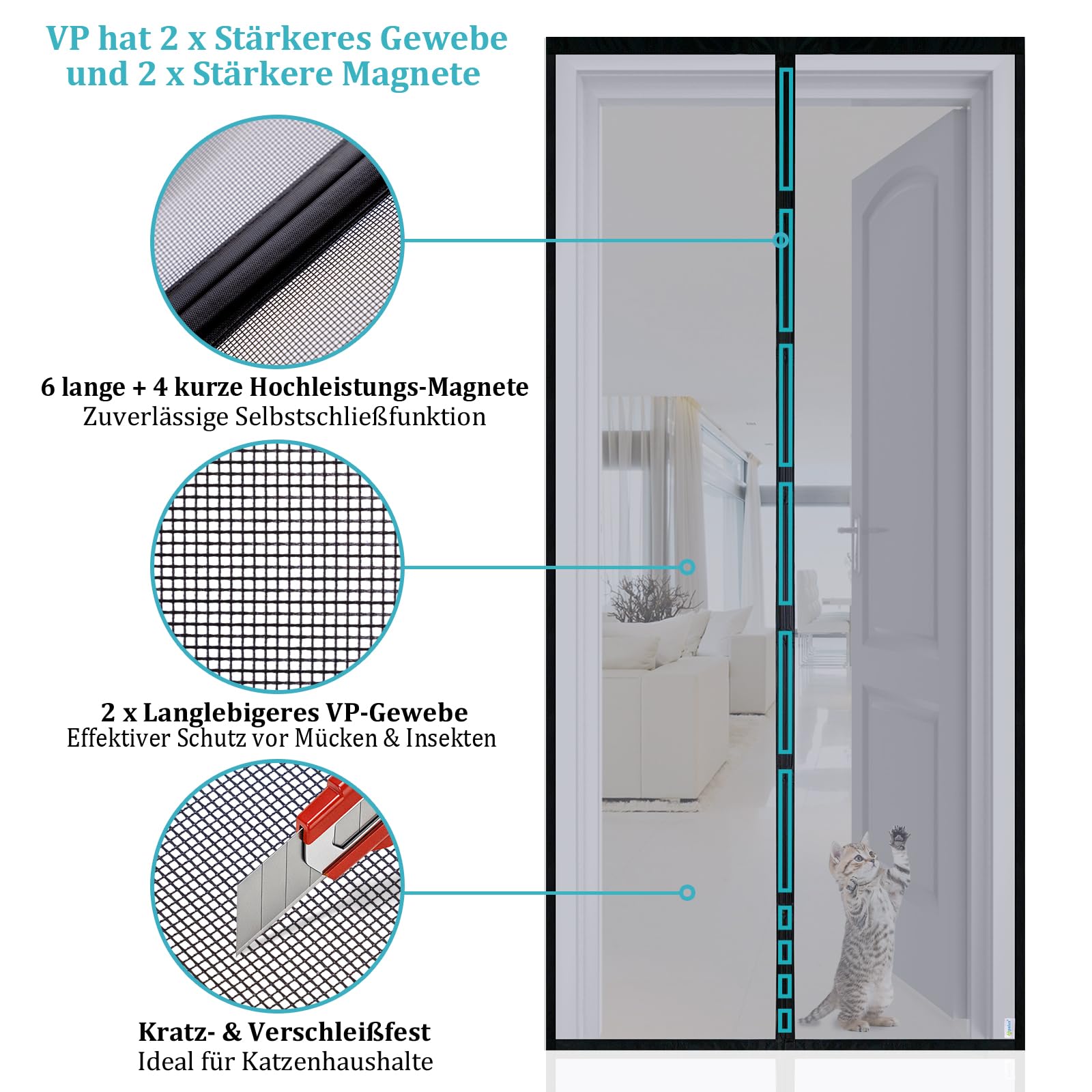 Apalus VP Fliegengitter Tür, Magnet Insektenschutz Balkontür 90x210 cm, 2 x Langlebiger als der Apalus Klassiker, Katzenkrallen Sicher, Stärkere Magneten, 3.8 cm Breites Klettband, Nicht Kürzbar 2