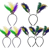 LUHUADUO Mardi Gras Headbands with Feathers, 6-Pack, Fleur De Lis Design, Purple Yellow Green