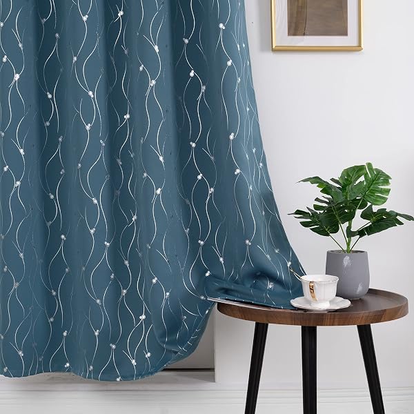 BGMENT ROOM DARKENING CURTAINS 95 INCHES LONG, GROMMET THERMAL INSULATED BLACKOUT CURTAINS WITH WAVE LINE AND DOTS PRINTED FOR BEDROOM, 2 PANELS, EACH 52 X 95 INCH, STEEL BLUE