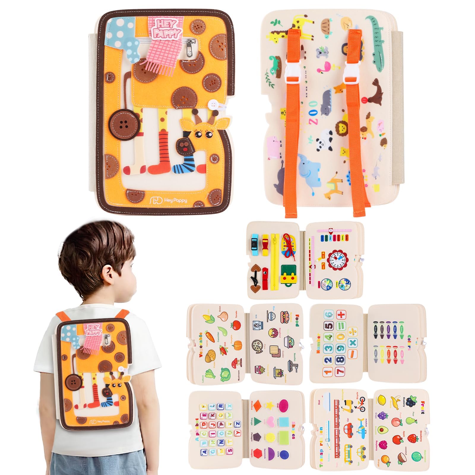 Heypappy Busy Board Montessori Toys, 12 in 1 Busy Book Learning Sensory Toys for Toddlers with Fine Motor Skills, Busy Book Toys with Backpack Strap, Giraffe Shape โ image 1