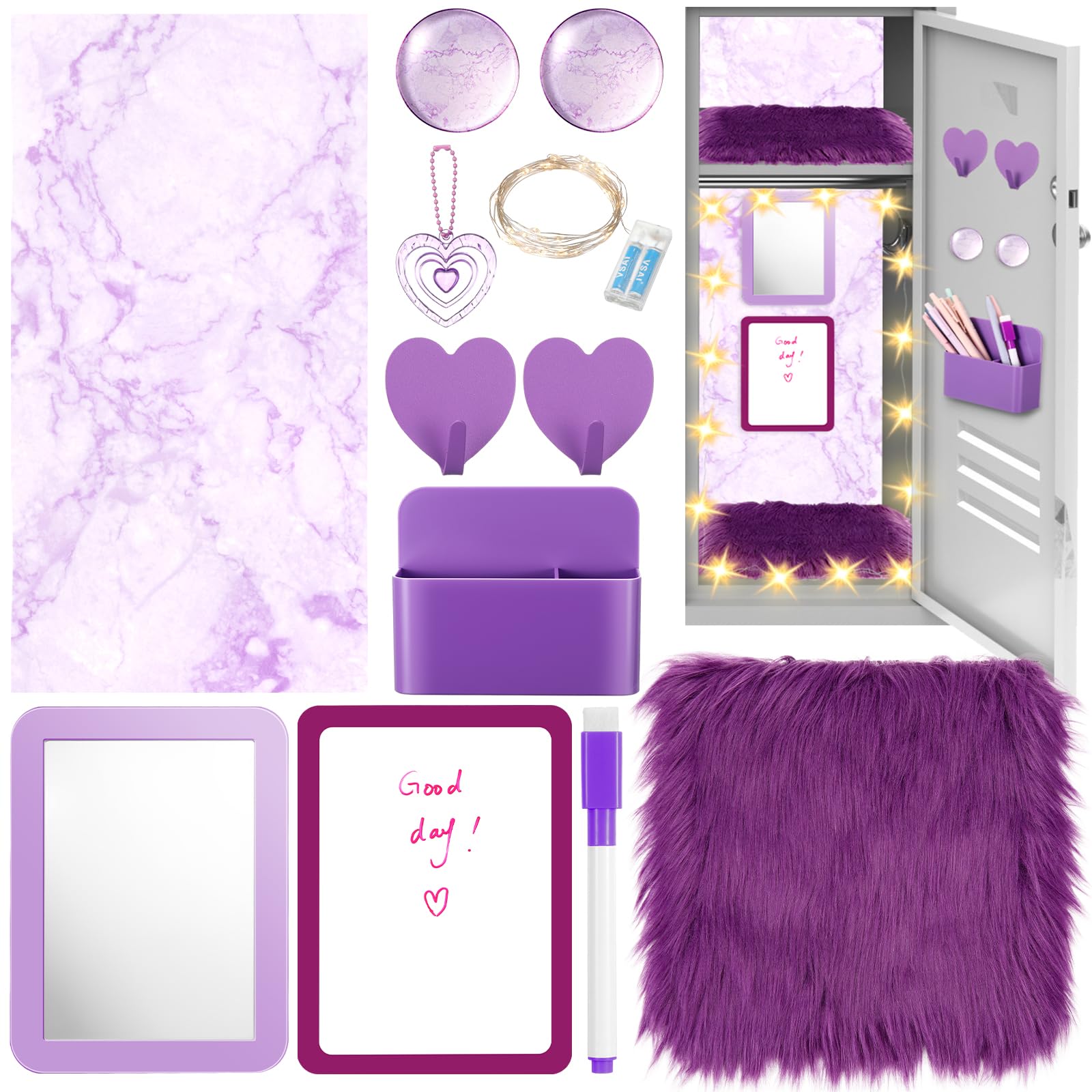 Photo 1 of AmazingSpark 12 Pcs Locker Accessories Kit Magnetic Mirror Pen Holder Hook Whiteboard Wallpaper Magnet Rug Keychain String Light for Back to School Essentials Locker Decoration(Matte Purple,Marble)
