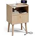 LCRBOL Side Table with Charging Station, Modern End Table with Fluted Drawer, Bedside Table, Night Stand with 2 Tiers Storage Space, for Bedroom, Living Room, Oak