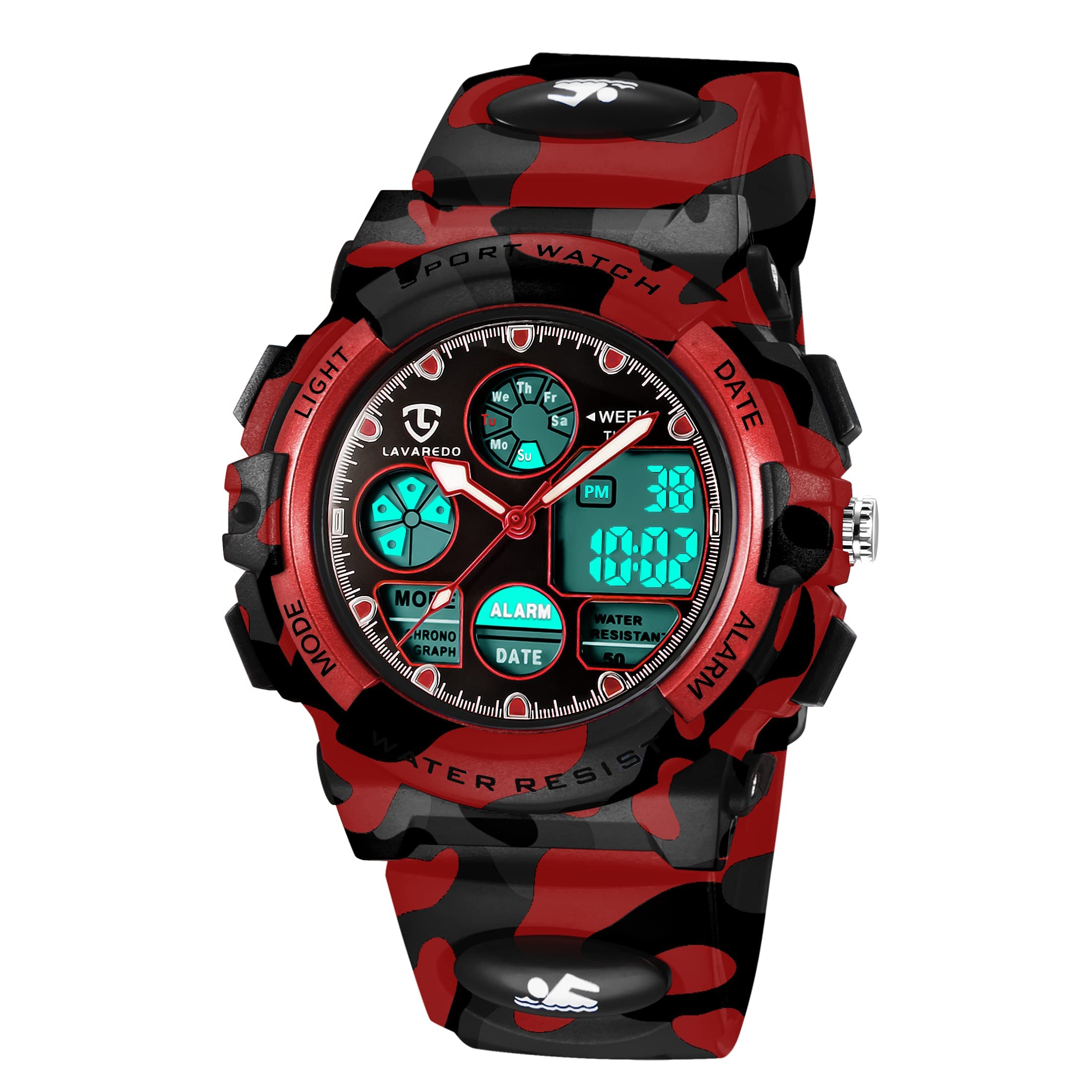 ASWAN WATCH Children's Watch, Boy, Girl, Teenagers, Outdoor Digital Sports Watch, Multifunction Waterproof Electronic Watch with LED Light Alarm and Calendar Date for Children, 14-Armyred, Strap