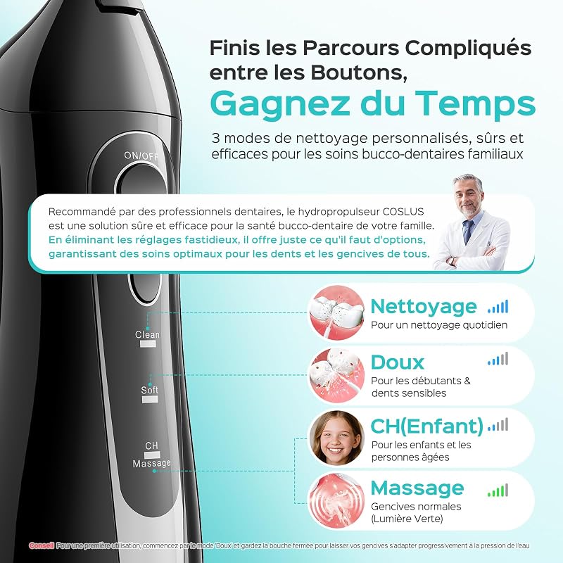 C20 Professionnel Hydropulseur Dentaire, Réservoir De 300 Ml, Noir