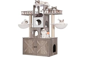 Heybly Cat Tree with Litter Box Enclosure for Indoor Big Cat, Cat Tower for Large Cats 20 lbs Heavy Duty, Modern Cat Condo Furniture with Scratching Posts, Rustic Gray HCT110SG