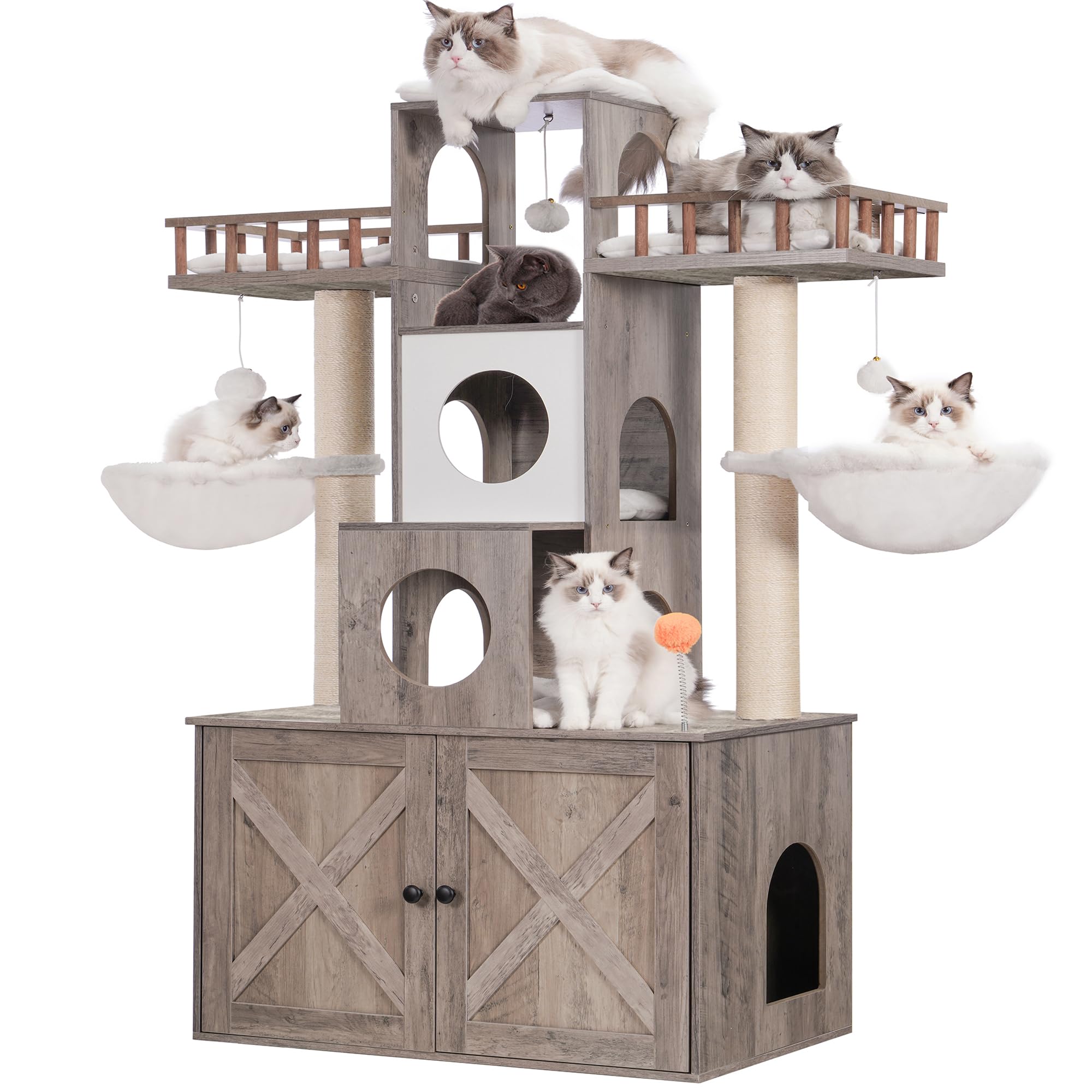 Photo 1 of Heybly Cat Tree with Litter Box Enclosure for Indoor Big Cat, Cat Tower for Large Cats 20lbs Heavy Duty, Modern Cat Condo Furniture with Scratching Posts, Rustic Gray HCT110SG
