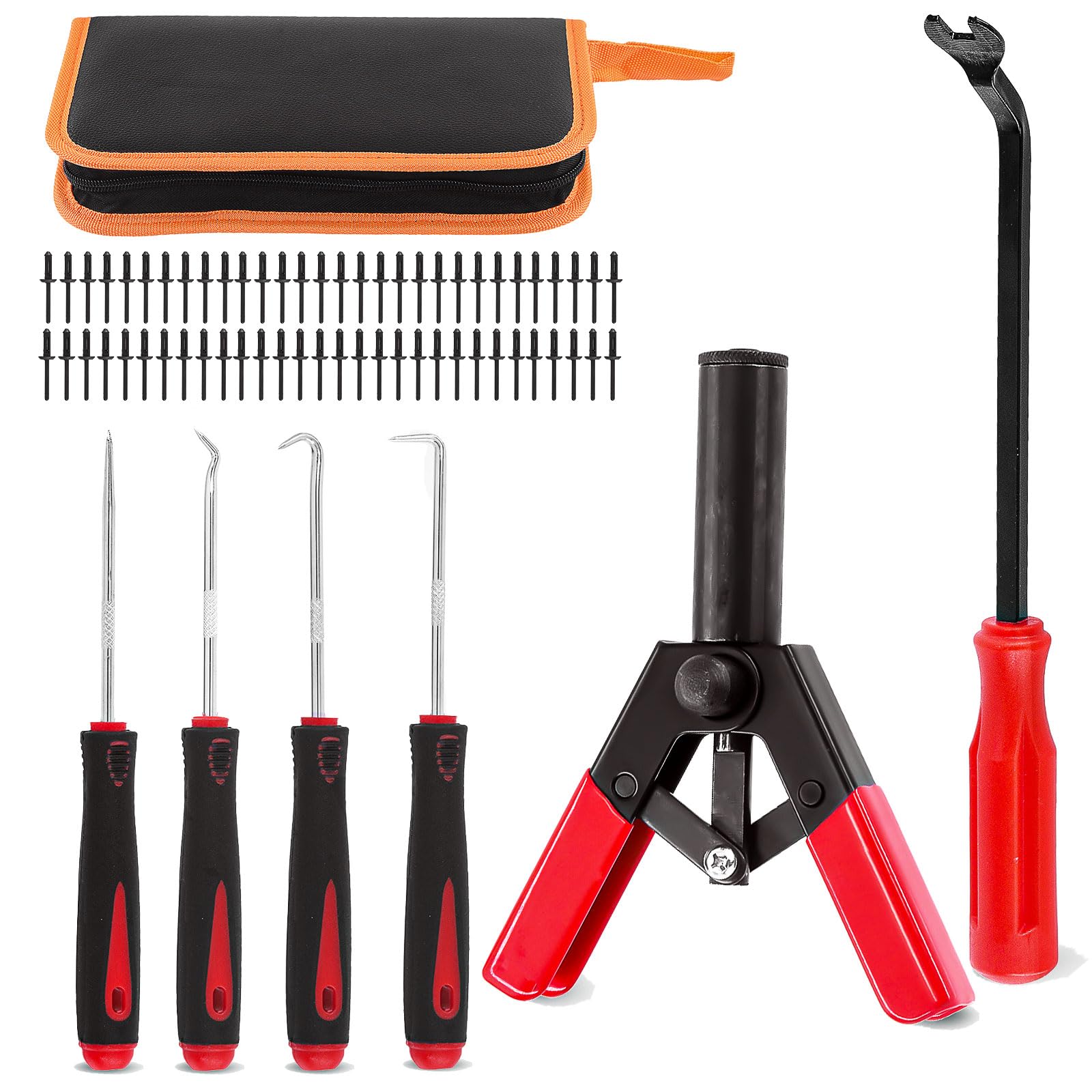 GLARKS 46Pcs Plastic Poly Rivet Gun Set with 40Pcs Assorted Poly Rivets, Fastener Removal Tool Universal Pick and Hook Set for installing and Removing Car Door Panel Clips