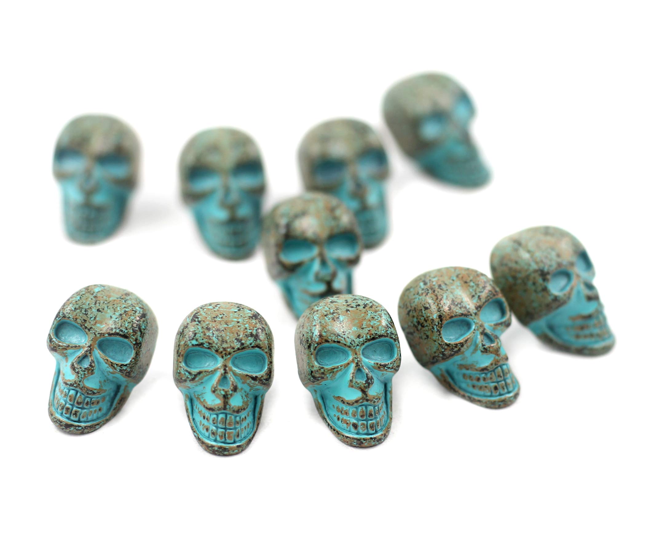 Bezelry 10 Pieces Small Skull Green Patina Varnished Metal Shank Buttons. 16mmx10mm.