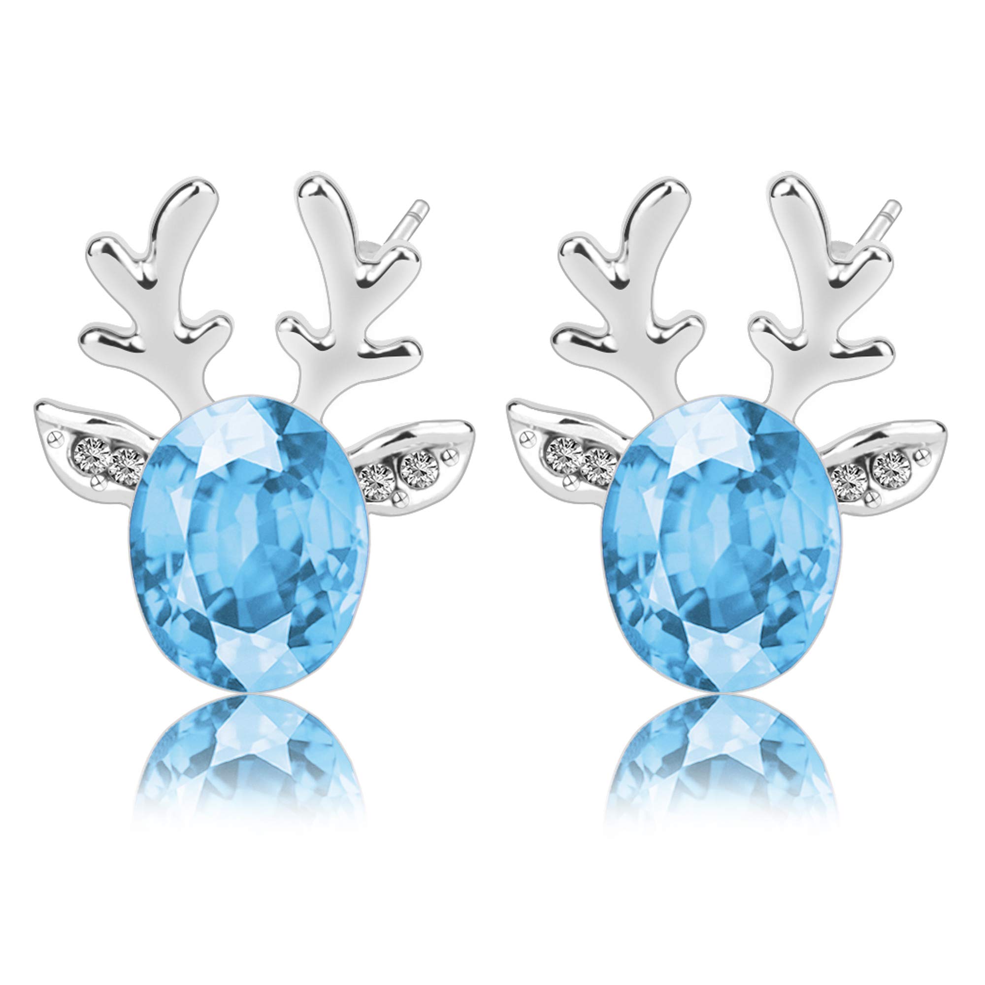 Gelvtic Silver Reindeer Crystal Christmas Stud Earrings for Women Girl, Gift for Christmas Birthday Valentine's Day with Jewellery Box (Sky Blue Crystal)