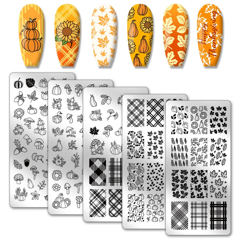 PH PandaHall 5PCS Thanksgiving Nail Stamp Plates 126 Patterns Fall Nail Arts Template Pumpkin Maple Nails Stamping Plate for Autumn Thanksgiving Day Women Nails Art Design 12x6cm