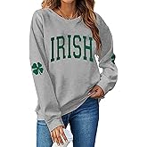 Urvatac Women St. Patrick's Day Sweatshirts Shamrock Clover Print Shirts Casual Irish Gift Long Sleeve Loose Fit Tops
