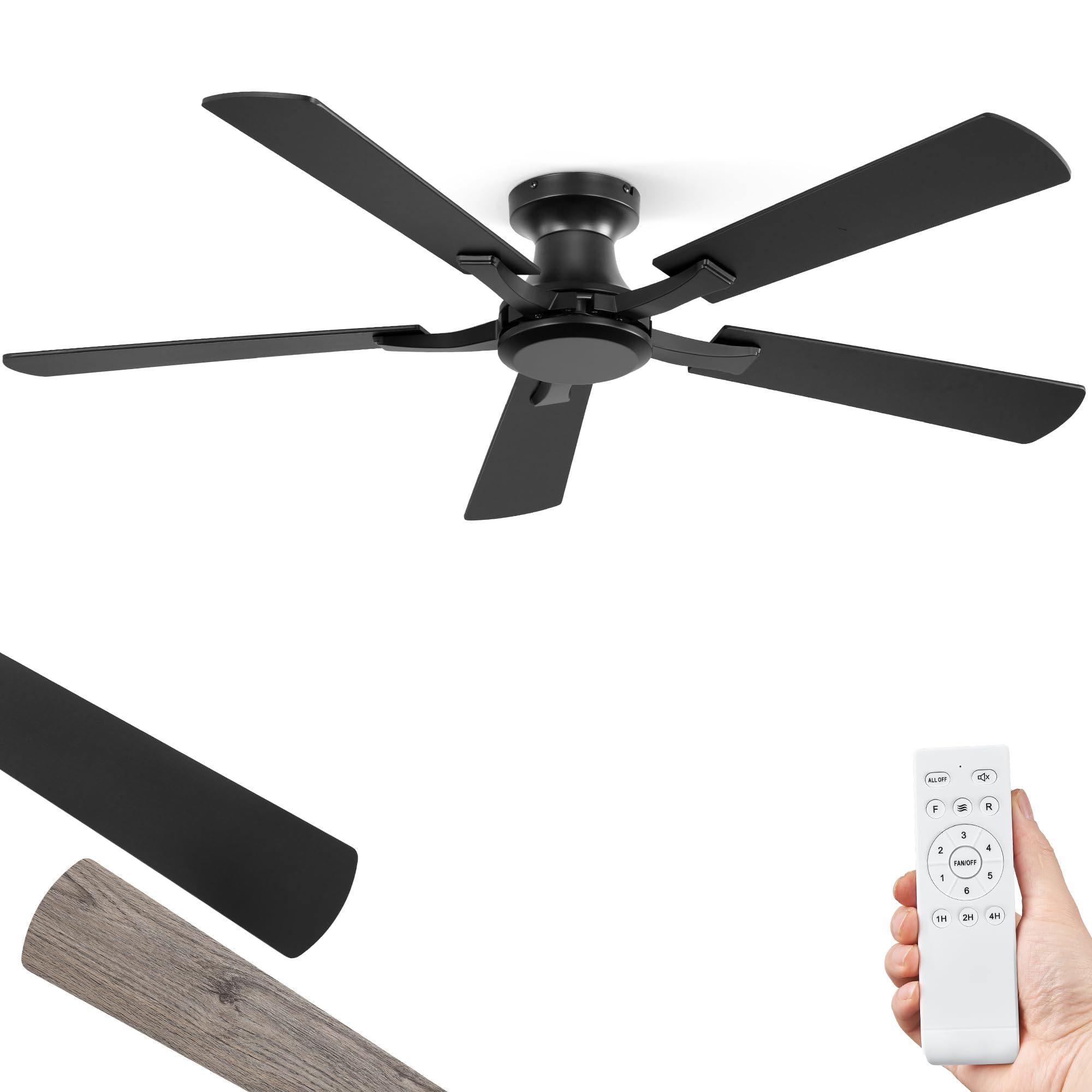 Photo 1 of ZMISHIBO 52 Inch Ceiling Fan No Light, Flush Mount Low Profile, Modern Black Ceiling Fan Without Light, Remote Control & Quiet DC Motor, for Indoor&Outdoor, Bedroom, Living Room