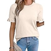 EVALESS Women's Short Puff Sleeve Knit Tops 2026 Trendy Crewneck T Shirts Casual Summer Clothes