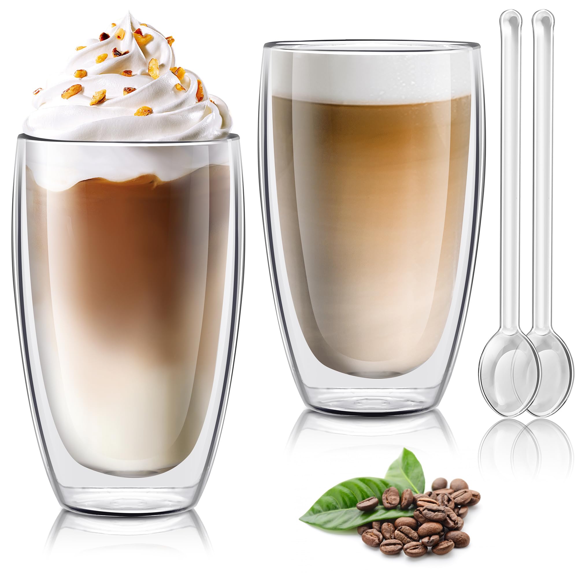 Photo 1 of * Missing spoon***Joeyan 13.5oz Large Double Wall Glass Coffee Mugs with Spoon Set of 2- Insulated Thermal Latte Glasses for Hot or Cold Drinks- Clear Glass Coffee Cup for Espresso Ice Tea Cappuccino Macchiato Juice