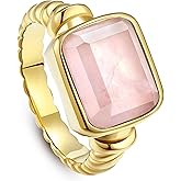 Phyonio Women's 14K Gold Plated Statement Rings Emerald Cut Teal Turquoise/Rose Quartz Crystal/Spiny Oyster Turquoise Signet Ring Stainless Steel Chunky Gold Rings Size 5-10