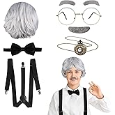 Fraiieon 1920s Old Man Costume Set for Kids – 100th Day of School Grandpa Cosplay Accessories (Wig, Glasses, Bow Tie, Suspenders, Eyebrows & Mustache, Watch)