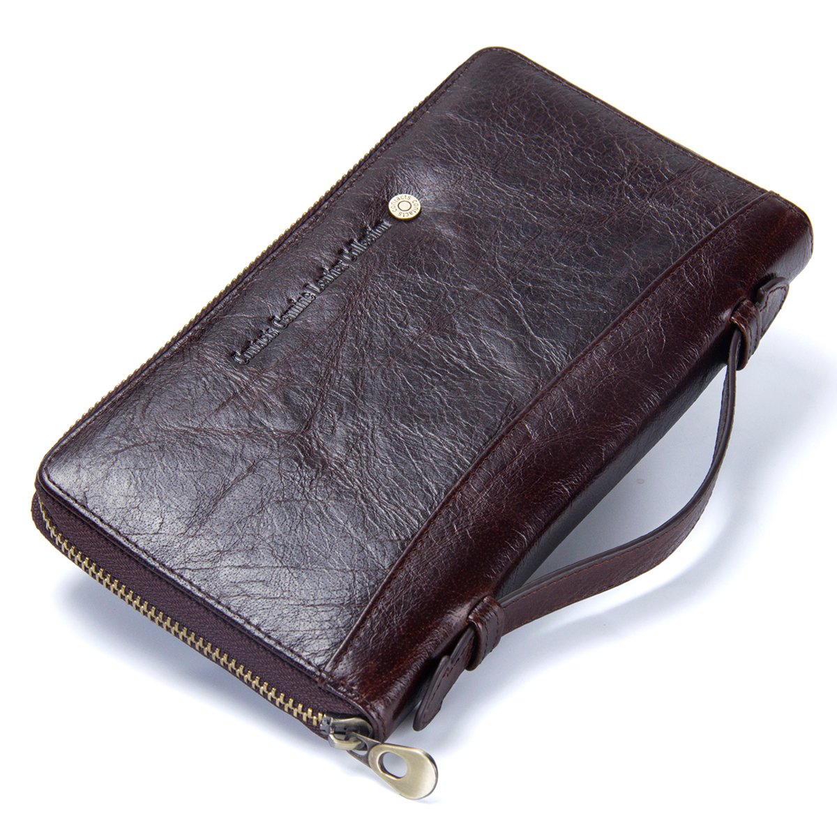 Contacts Real Leather Mens Card Passport Wallet Zipper Purse Long Phone HandBag Travel Clutch(Coffee)
