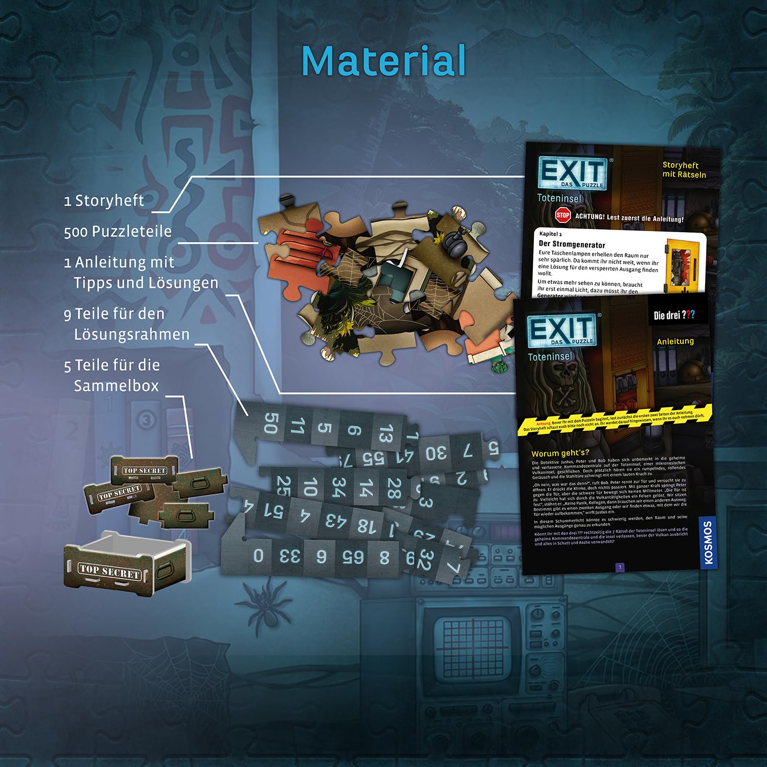KOSMOS 685737 EXIT® Das Puzzle Die DREI ??? Toteninsel, 500 Teile Escape Game Puzzle mit exklusiver Die DREI Fragezeichen Geschichte 5