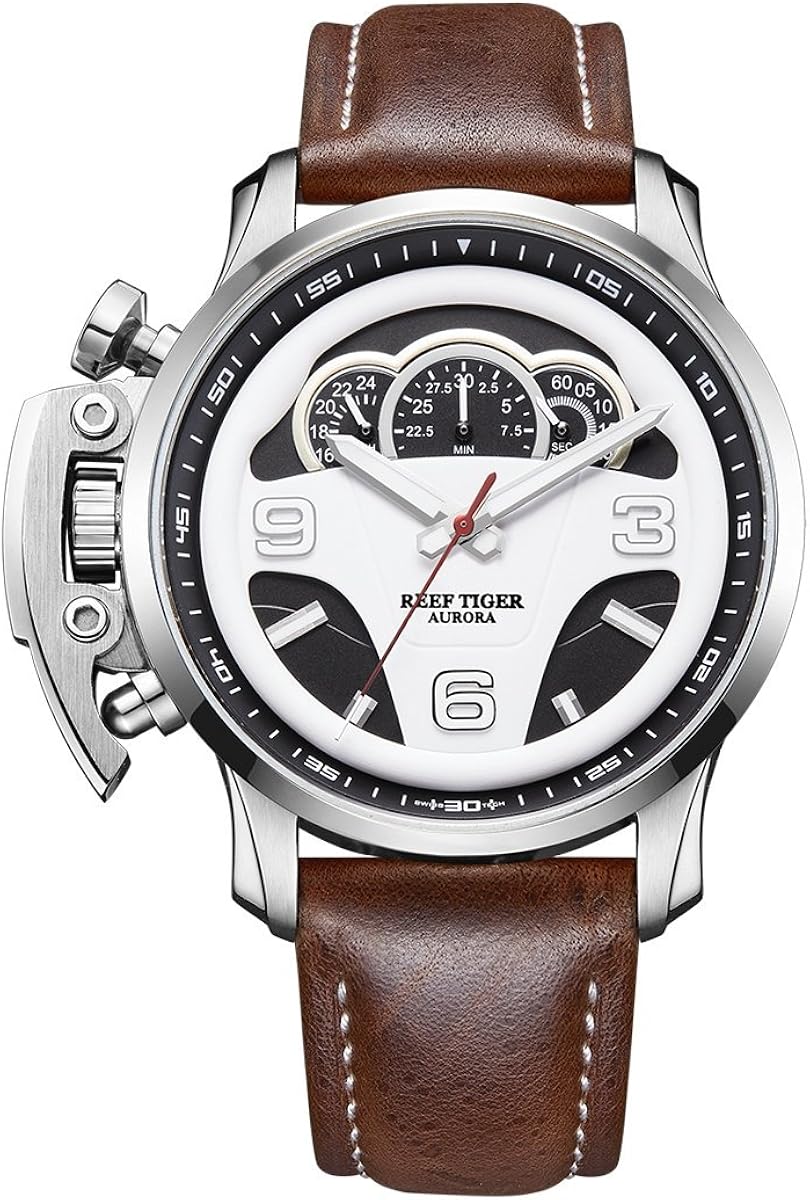Reef Tiger RGA2105 Men Multifunction Sport Racing Dashboard Fashion Waterproof Quartz Wrist Watch with Leather Watchband