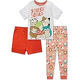 Squishmallows Girls Pajama Set - 3 Piece Pants, T-Shirt & Shorts - Cotton Sleepwear PJ Set for Kids - Official License