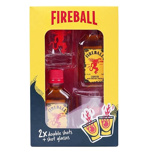 Fireball Whisky Gift Pack Contains 2 x 50ml Bottles of Cinnamon Whisky 33% ABV and Two Red Dragon Shot Glasses Limited Edition for Birthday Gifts, Christmas Gifts Stocking Fillers By Blue Tree Gifts