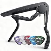 WINGO Flat Guitar Capo for Classical Guitars- Black with 5 Picks | Longer Rubber Pad, No Buzz
