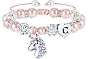 Hidepoo Christmas Gifts for Grandkids Girls - CZ Initial Unicorn Bracelet Adjustable Pink Pearl and Rhinestone Balls Heart Initial Unicorn Bracelets Jewelry Birthday Gifts for Girls Stocking Stuffers