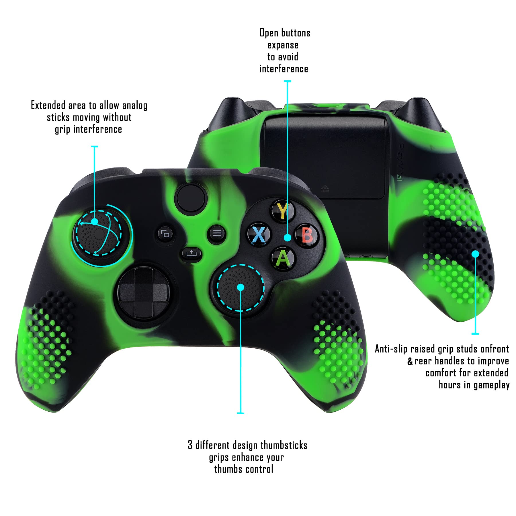 eXtremeRate PlayVital 3D Studded Edition Anti-Slip Silicone Cover Skin for Xbox Series X/S Controller, Soft Rubber Case Protector for Xbox Core Wireless Controller with Thumb Grip Caps - Green & Black