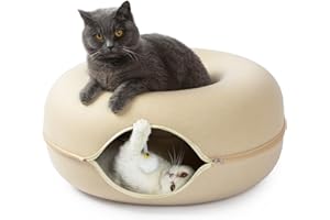 Jia Xi Cat Bed and Hideout, Large Indoor Cat Condo with Tunnel and Cave (24 inch, Beige)