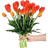 Riceshoot 6 Bunches Artificial Tulips Flowers 30 Pcs Real Touch Faux Tulips Bouquets Arrangements Realistic Flowers for Office Wedding Party Kitchen Decoration(Sunset Color)