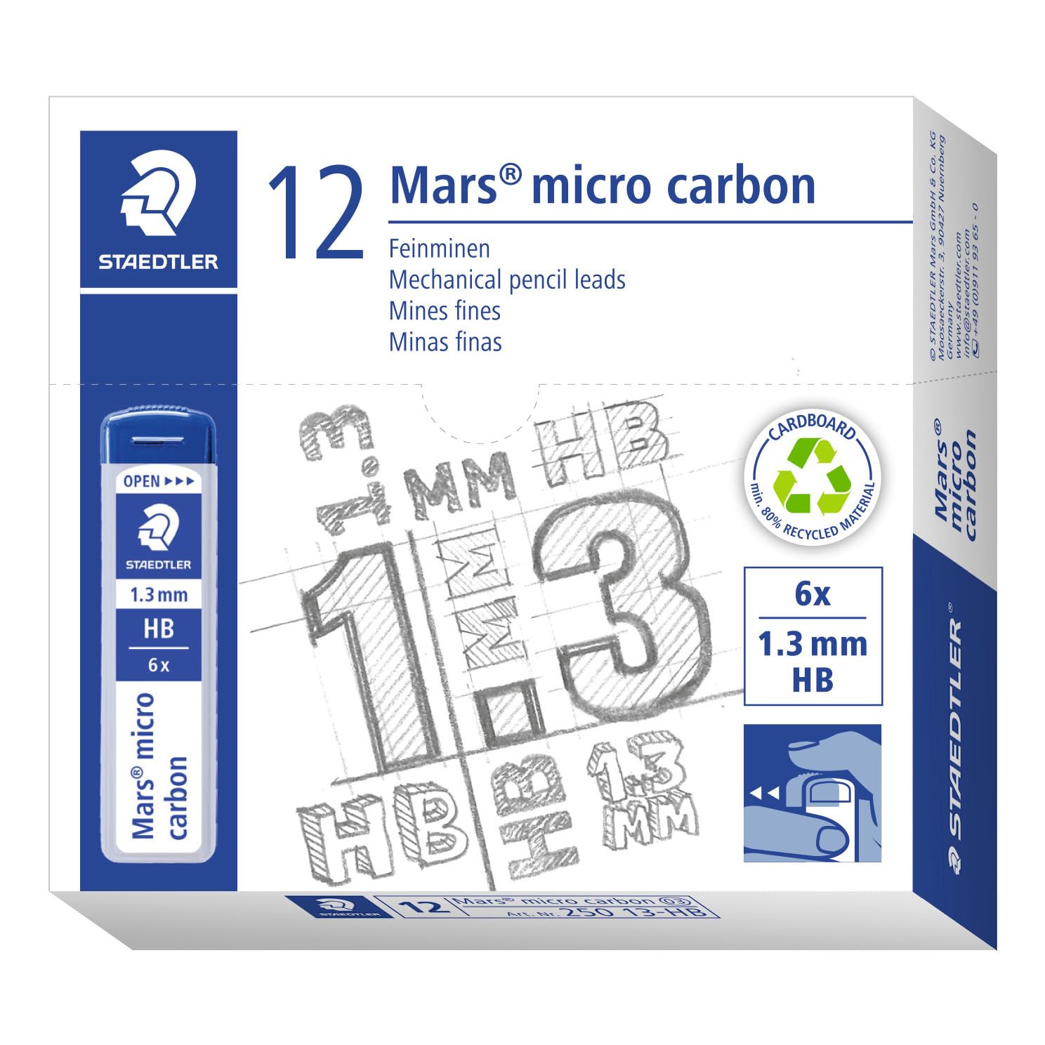 STAEDTLER 250 13-HB Mars Micro Refill Leads for Mechanical Pencils - HB, 1.3mm (Box of 12 x Tubes of 6 Leads)