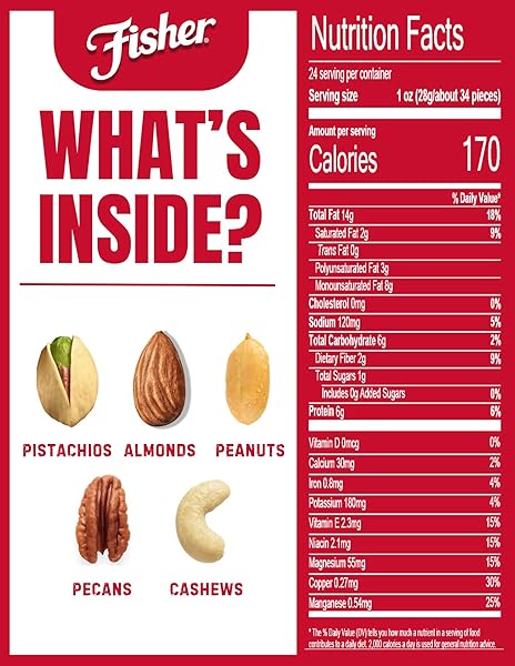 FISHER OVEN ROASTED NEVER FRIED MIXED NUTS WITH PEANUTS, 24 OUNCES (PACK OF 1), PEANUTS, ALMONDS, CASHEWS, PISTACHIOS, PECANS, SNACKS FOR ADULTS, MADE WITH SEA SALT, NO ADDED OILS, ARTIFICIAL INGREDIENTS OR PRESERVATIVES, TRAIL MIX, GLUTEN FREE ​