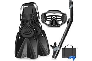 AosDero Mask Fins Snorkeling Gear for Adults Men Women, Panoramic View Diving Mask, Anti-Fog Dry Top Snorkel, Adjustable Freediving Swimming Fins/Flippers, Travel Bags for Lap Swimming