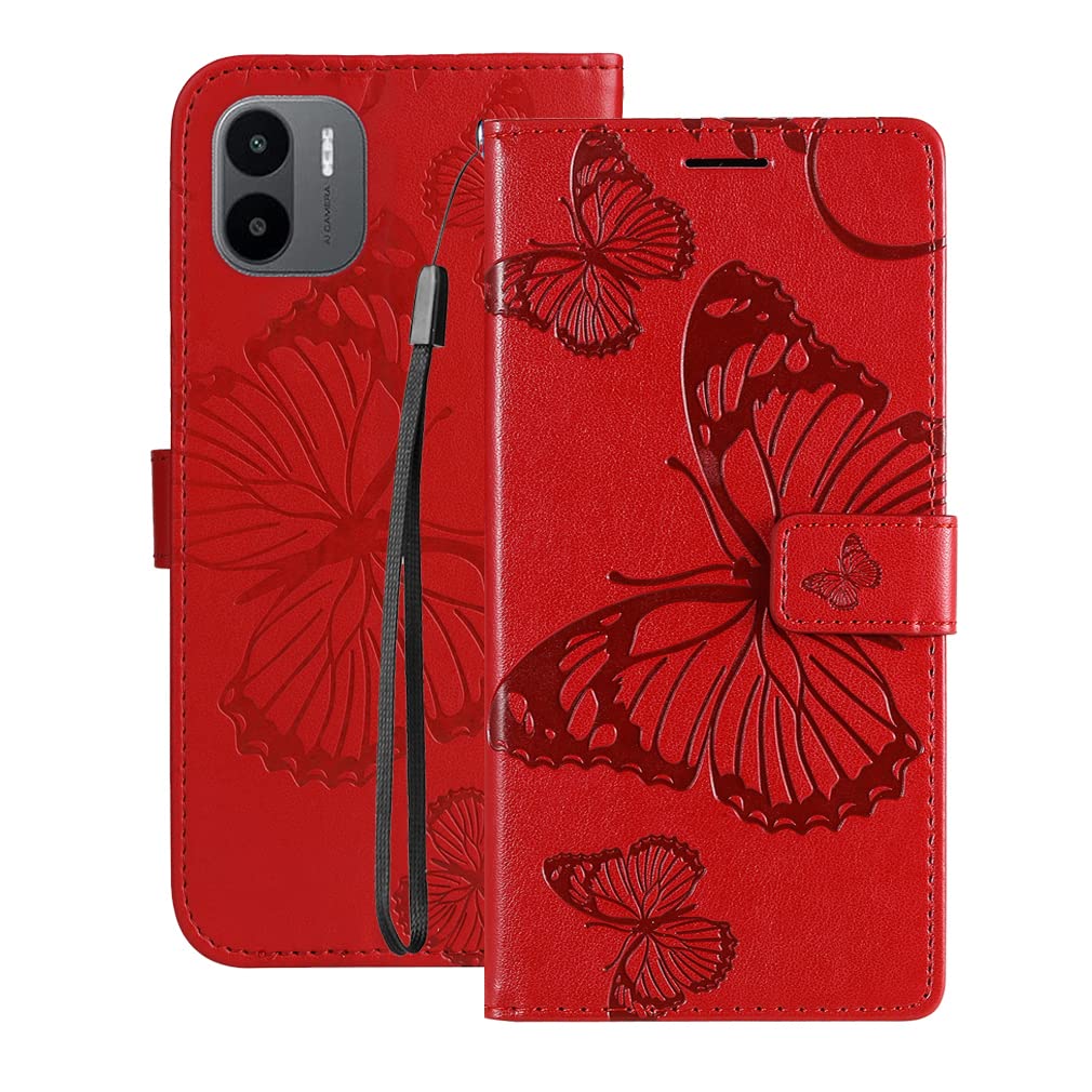 Laybomo Case for Xiaomi Redmi A1 Cover, Xiaomi Redmi A1 Leather Phone Case Wallet Holster with Card Slot Holder Magnetic Pouch Silicone Flip Cover for Xiaomi Redmi A1, Red
