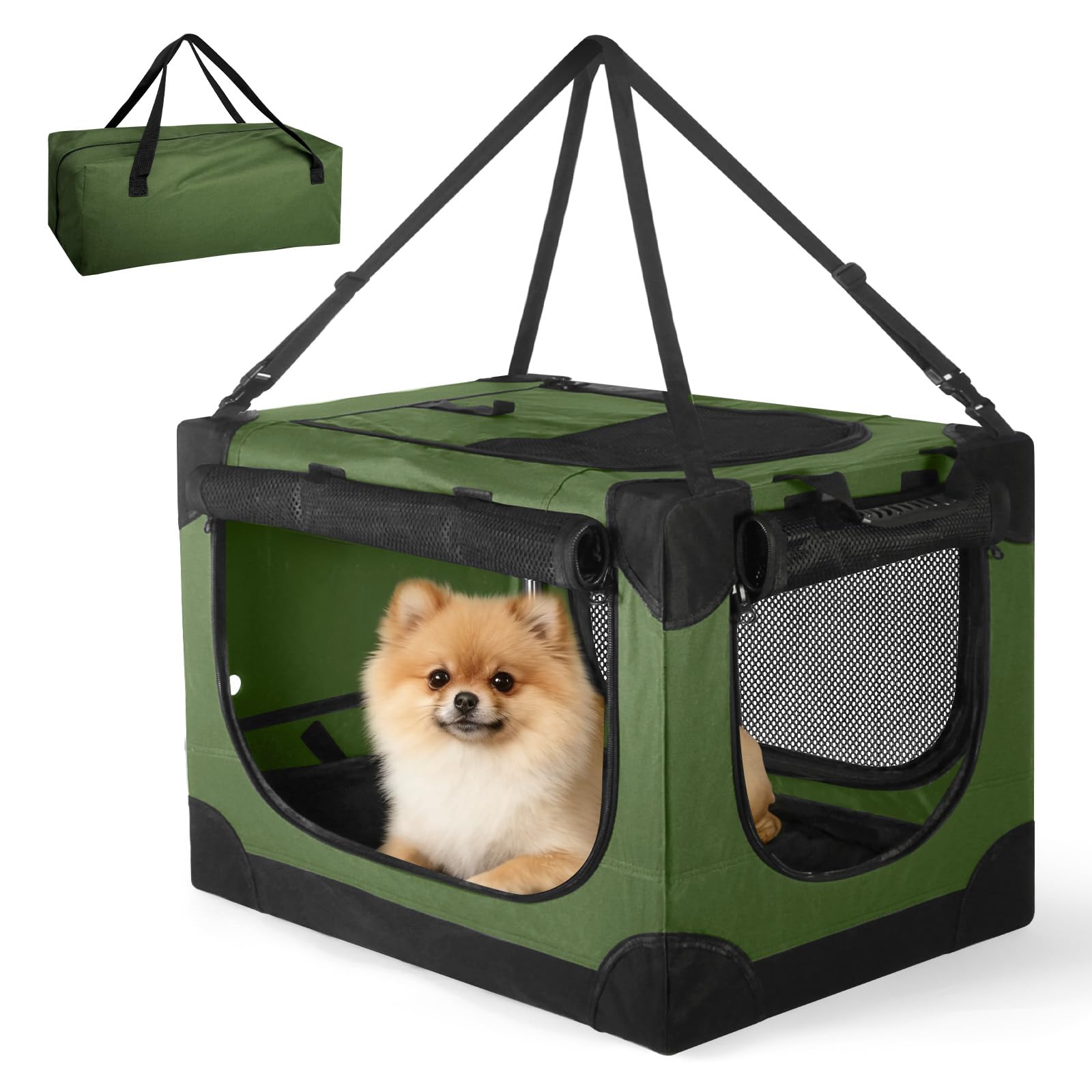 Photo 1 of 24" Small Dog Crate,Portable Crate for Small Dogs, Portable Travel Pet Crates,Soft Dog Crate Collapsible Dogs Crate,with 4 Mesh Doors, Foldable Car Kennel for Puppy with Handle for Outdoor - Green