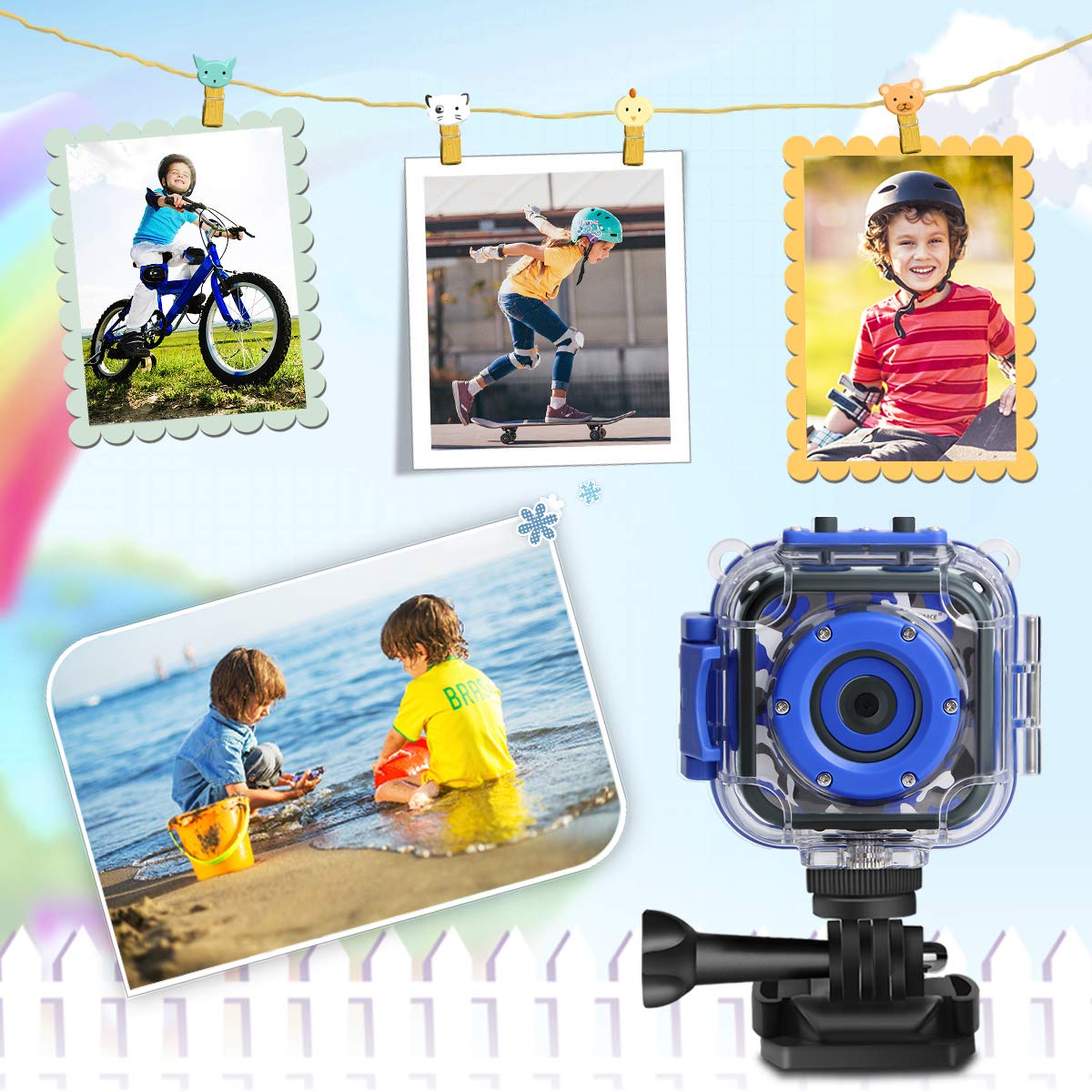 PROGRACE Children Kids Camera Waterproof Digital Video HD Action Camera 1080P Sports Camera Camcorder DV for Boys Birthday Learn Camera Toy 1.77\'\' LCD Screen
