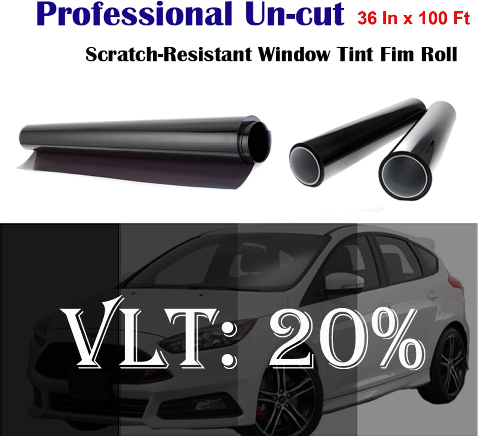 Mkbrother20% VLT 36" in x 100' Ft (36in x 1200in) Heat & UV Block Professional Window Tint Adhesive Film Auto Car