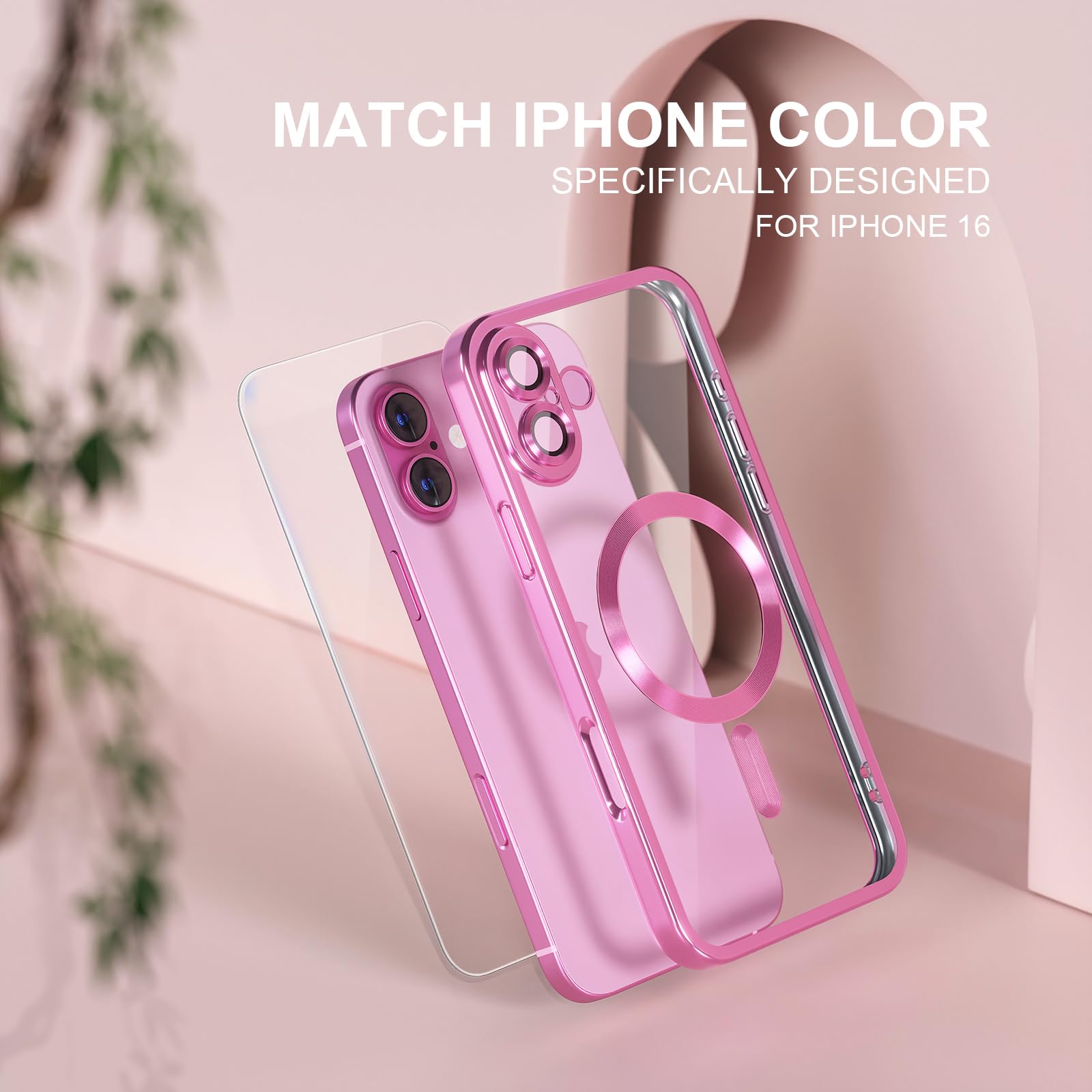 Misea Magnetic for iPhone 16 Case Compatible with MagSafe [Never Yellowing] [Military Grade Drop Protection] Full Camera Lens Protector Plating Soft Clear Phone Case for Women 6.1 inch, Hot Pink