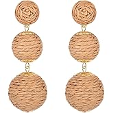 Boho Raffia Ball Long Earrings Multicolor Handmade Dangle Drop Earrings Bohemian Summer Beach Rattan Earrings