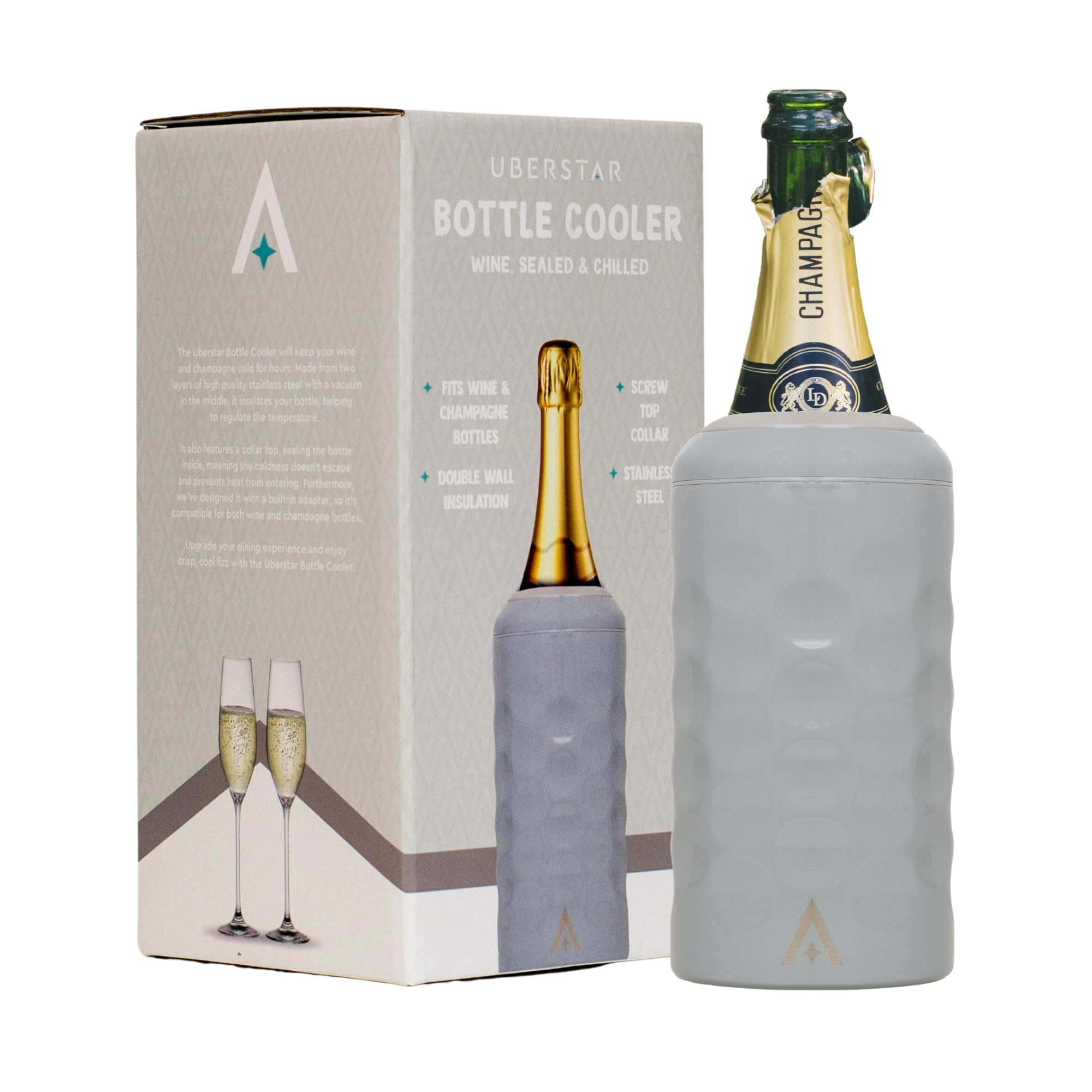 UBERSTAR Wine Cooler Chiller with Adjustable Lid Grey/Double Wall Stainless Steel Vacuum Seal/Gift for Wine Prosecco and Champagne/Cold for Hours