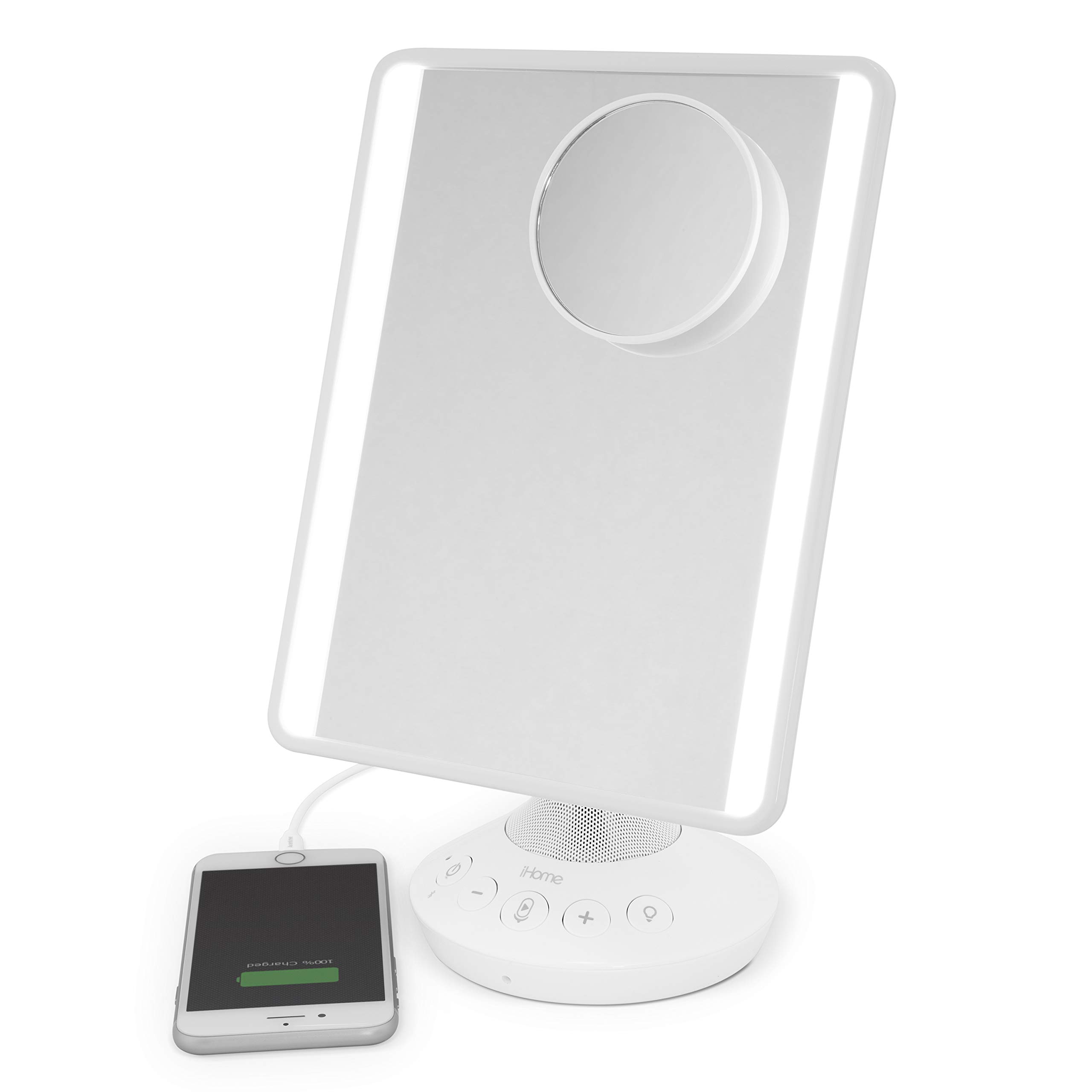 iHome Adjustable Vanity Mirror with Bluetooth, LED Lights & 10X Mirror | Hands-Free Speakerphone & USB Charging