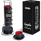 MIAMIO - 2.5 oz Espresso Cup Set with Saucers Coffee Mug Set of 6 - Ceramic Coffee Mug Stackable Espresso Mug with Stand for Coffee Drinks, Latte, Cafe Mocha - Le Papillon Collection (Red)