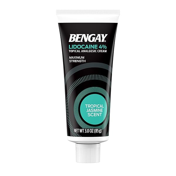 BENGAY LIDOCAINE PAIN RELIEF CREAM, MAXIMUM STRENGTH OTC, NON-GREASY TOPICAL ANALGESIC WITH 4% LIDOCAINE TO DESENSITIZE NERVES, NUMBING CREAM WITH A SOOTHING JASMINE SCENT, 3 OZ